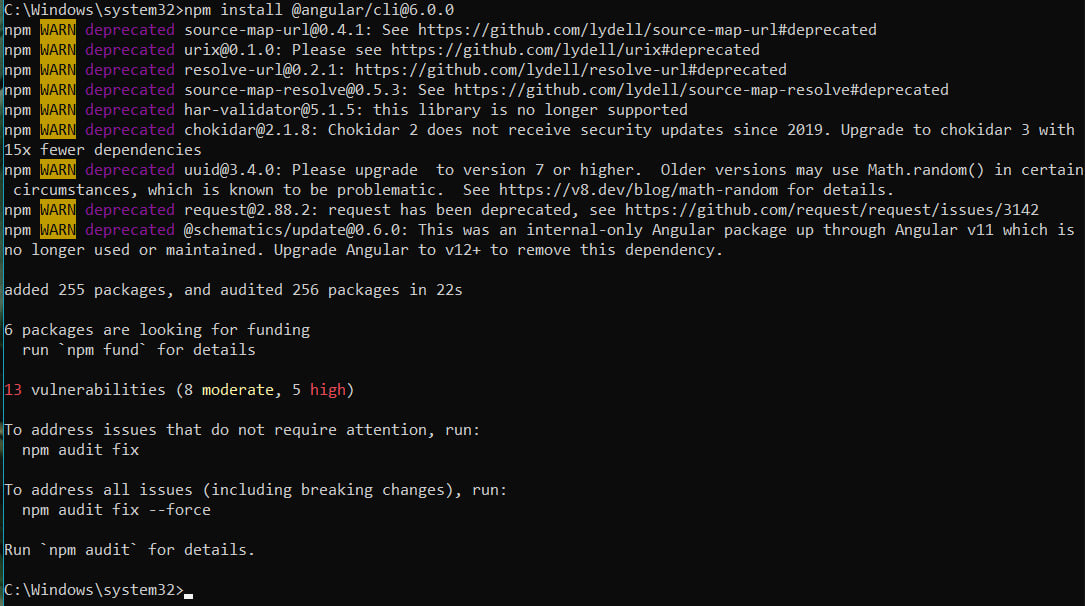 Terminal mostrando progresso de instalação do Angular após usar o comando `npm install -g @angular/cli@6.0.0`.