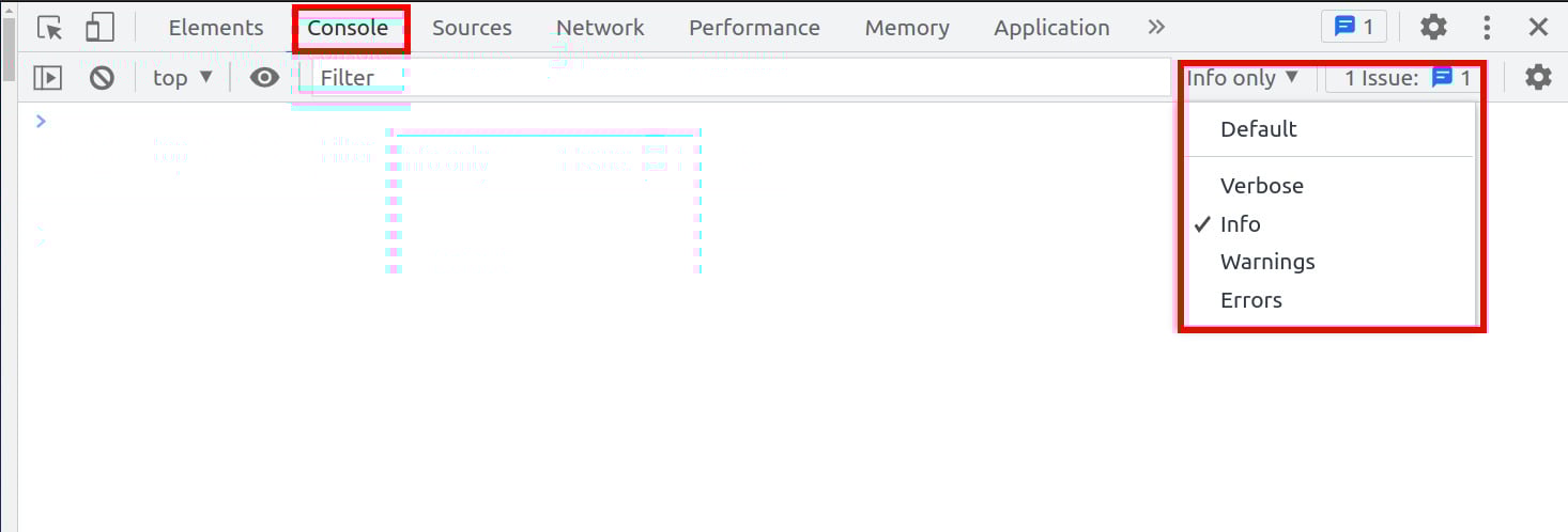 Imagem de um print de tela que mostra o DevTools do navegador Google Chrome. A aba acessada é a aba de console do menu principal, com destaque em vermelho. Existe ainda mais um destaque na aba de filtros, à direita, na parte superior da tela, que mostra que a única opção que deve ser marcada é a opção de 
