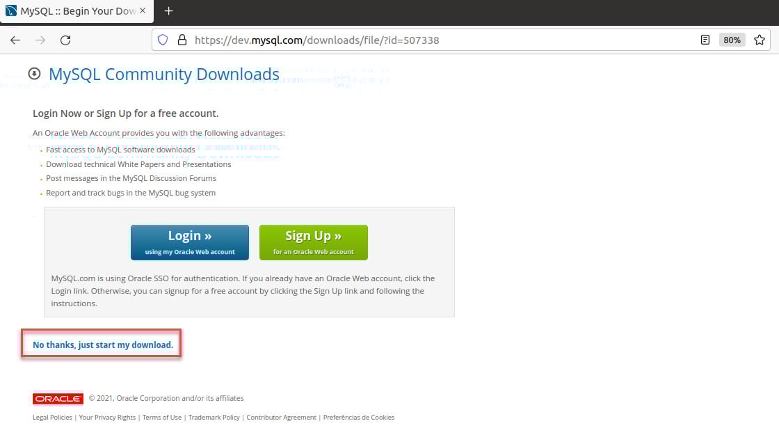 Página do site de downloads do MySQL. No canto inferior esquerdo está escrito “No thanks, just start my donwload”, destacado com um retângulo vermelho.