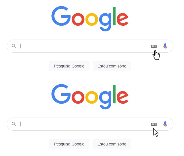 Tela os diferentes comportamentos do ponteiro do mouse quando sobreposto na seção “Ferramentas de inserção texto” na barra de busca do Google.