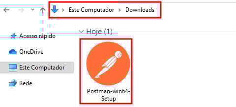Imagem do gerenciador de arquivos do Windows, com fundo branco, na pasta de Downloads. Na parte de baixo, mais ao centro da tela, temos o arquivo executável do Postman que é indicado pelo nome 