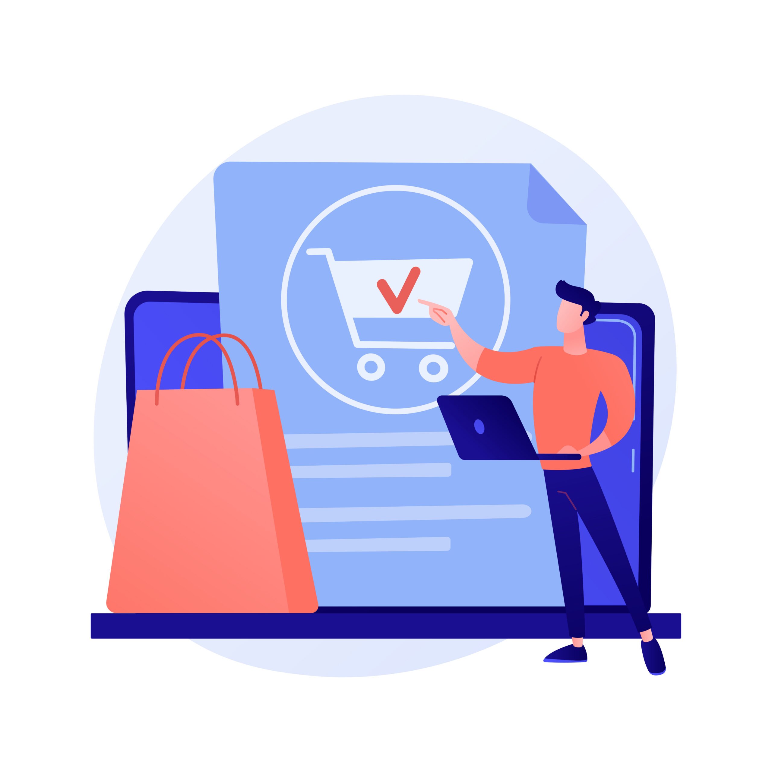 Ilustração da tela de um notebook ao fundo, sugerindo um e-commerce aberto. À frente, uma pessoa olhando a tela do computador enquanto segura um laptop e aponta para para a tela ao fundo.