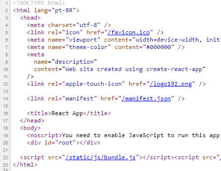 23 linhas de código fonte, começando pela linha 2 em html lang=”´pt-BR” e terminando na linha 23 com</html class=
