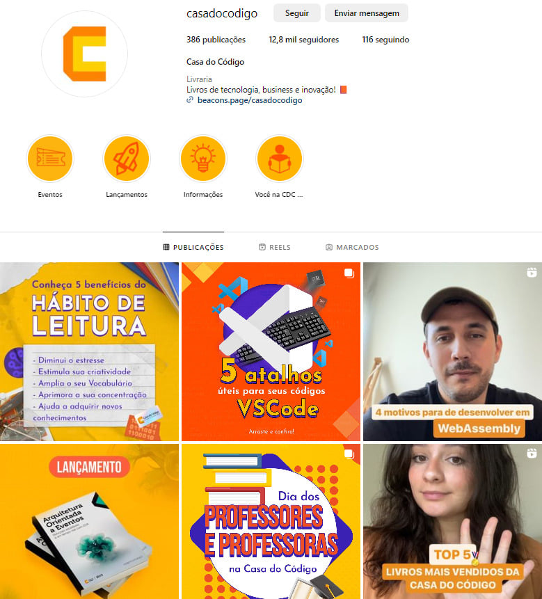 PrintScreen de Tela do Instagram da Casa do Código @casadocodigo em trinta de outubro de dois mil e vinte e três, com postagens diversas na grade do instagram.