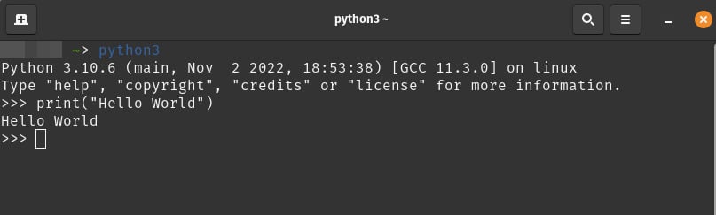 Imagem que mostra um Bash cujo comando python3 foi executado e que mostra a tela interativa do python funcionando. Um código em python é executado - print(