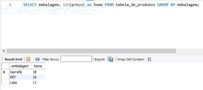 Na parte superior da imagem é apresentada uma linha que contém a seguinte informação: SELECT embalagem, SUM(preço) as Soma FROM tabela_de_produtos GROUP BY embalagem. Na parte inferior da tabela é apresentada uma barra de rolagem horizontal e uma tabela com duas colunas, sendo resultante da query executada com a função SUM. Na coluna embalagem temos as embalagens garrafa, PET e Lata. Na coluna soma temos os números 18,19 e 11.