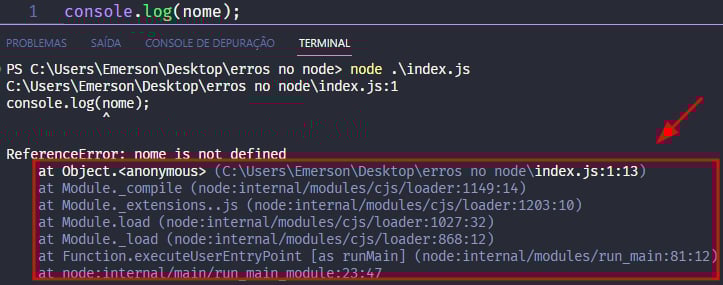 Captura de tela colorida em recorte. Tela do editor de texto Visual Studio Code com o fundo em azul escuro e letras brancas, roxas, verdes e amarelas, onde temos ao topo o código, escrito:console.log(nome);Logo abaixo é apresentado o terminal escrito:PS C:\Users\Emerson\Desktop\erros no node class=