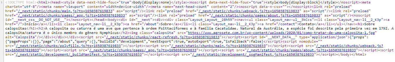 Uma linha de código fonte com todo o conteúdo e elementos da página sobre. Contém os elementos<h1 class=