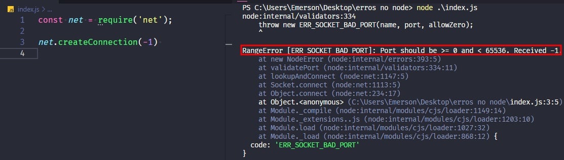 Captura de tela colorida em recorte. Tela do editor de texto Visual Studio Code com o fundo em azul escuro e letras brancas, rosas, amarelas, verdes e azuis. Na esquerda da imagem temos o código escrito:const net=require('net');net.createConnection(-1)À esquerda da imagem é apresentado o terminal escrito:PS C:\Users\Emerson\Desktop\erros no node class=