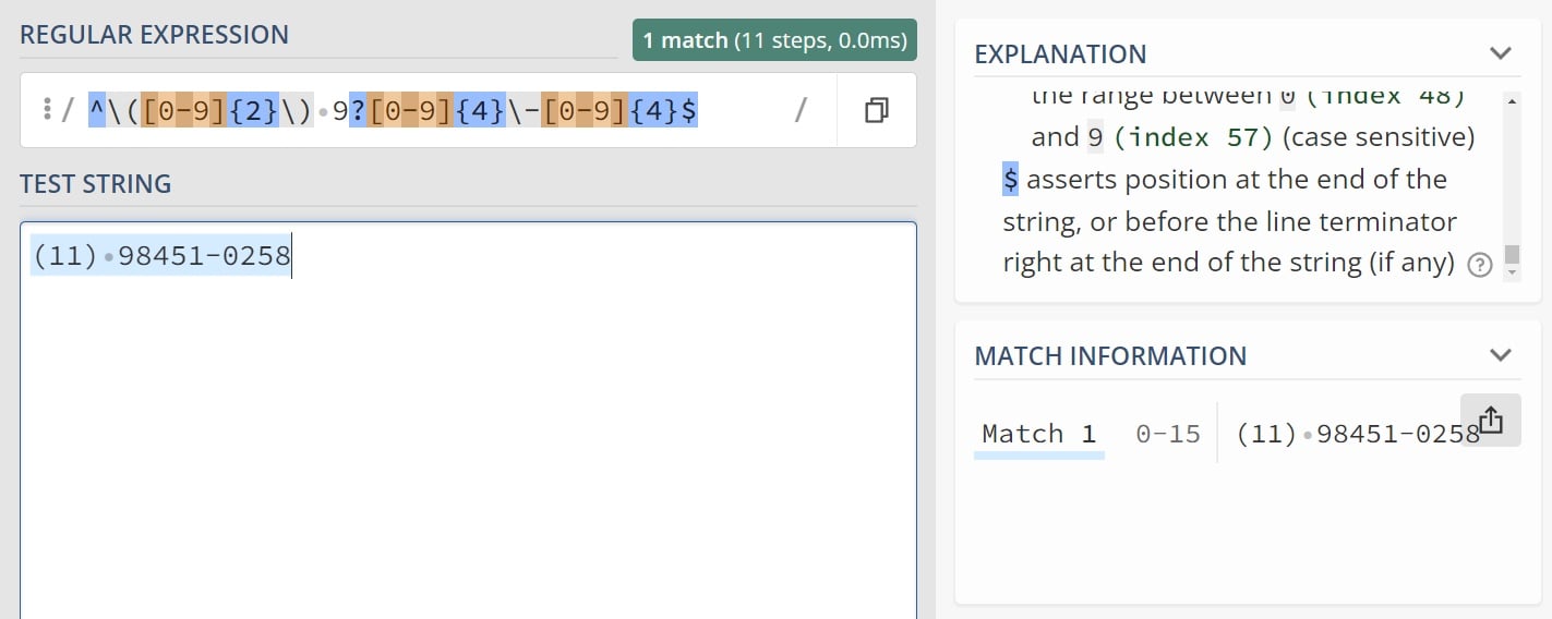 Site da Regex 101. Destaque para a caixa que mostra o resultado onde a string de teste corresponde à expressão regular.