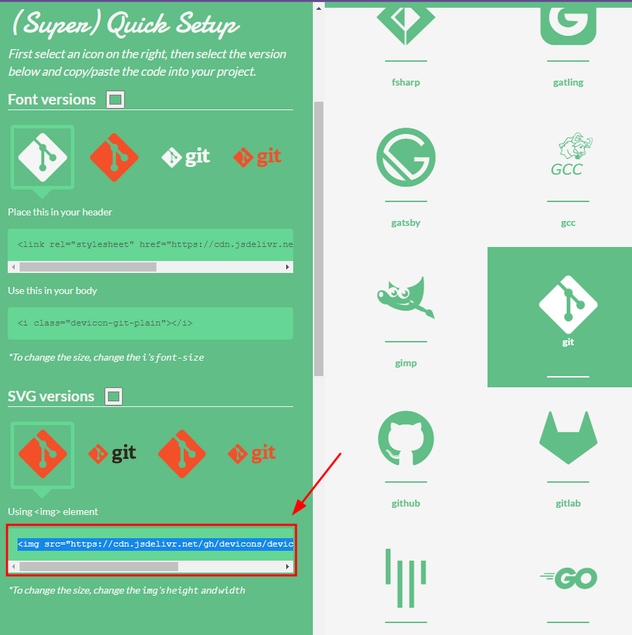 Tela do Devicon com uma listagem de ícones à direita com um fundo branco, onde está selecionado o ícone do Git. E à esquerda, com fundo verde, estão versões font e SVG com seus respectivos códigos, sendo em destaque o código da tag <img loading=