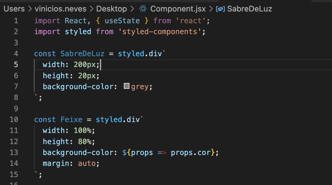 Screenshot de um arquivo .jsx com highlight de CSS para styled components, após termos instalado a extensão.