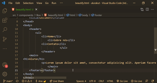 Linhas de código html são selecionadas, o cursor do mouse vai até o campo de pesquisa e digita  class=