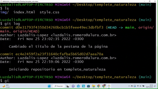 Gif com: Terminal Git Bash; Comando `$ git log --oneline`; Resumo do commit; Comando `$ code  .`; Tela inicial do Visual Studio Code.