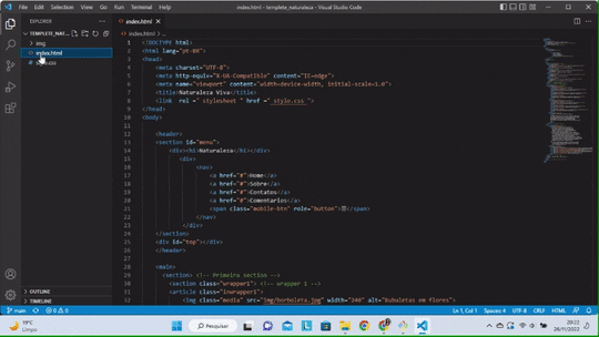 Gif com: Vs Code na janela do arquivo HTML;  Frase: Pressione as teclas: Ctrl+ J; Terminal integrado do VS Code; Clique no símbolo v, no canto inferior direito ao lado de 