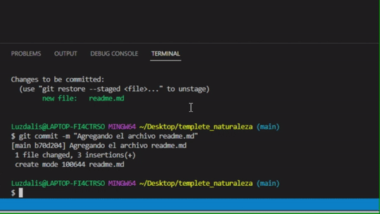 Janela do terminal integrado; Comando `$ git status`; Comando  `$ git commit -m`; Último commit destacado; Escrita na tela 