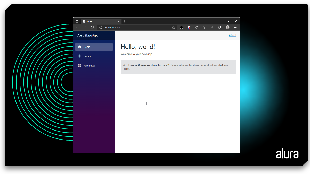 Img-03 - Página de inicio de la aplicación AluraBlazorApp. Hay un menú en el lado izquierdo con las opciones: Inicio, Counter y Fetch data. Además la parte central de la página tiene el famoso texto 'Hello, world!'