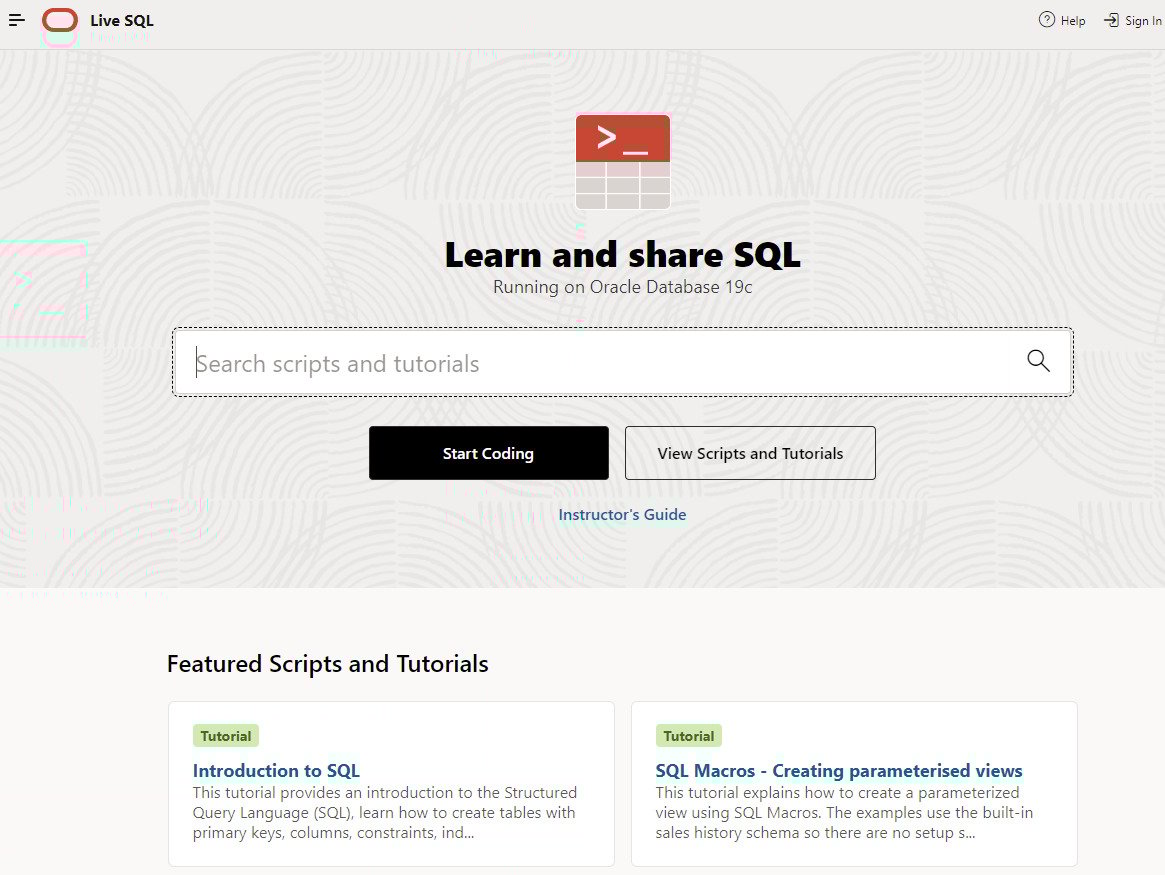 A imagem mostra uma página da web do Live SQL da Oracle, uma plataforma online criada para aprender e compartilhar SQL. A parte central da página apresenta uma barra de pesquisa para encontrar scripts e tutoriais, acompanhada de um botão 