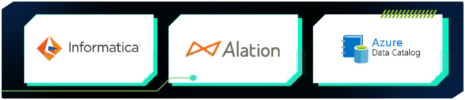 Imagem com logotipos de três ferramentas: Informatica, Alation e Azure Data Catalog, sobre fundo escuro com detalhes em verde e ciano.