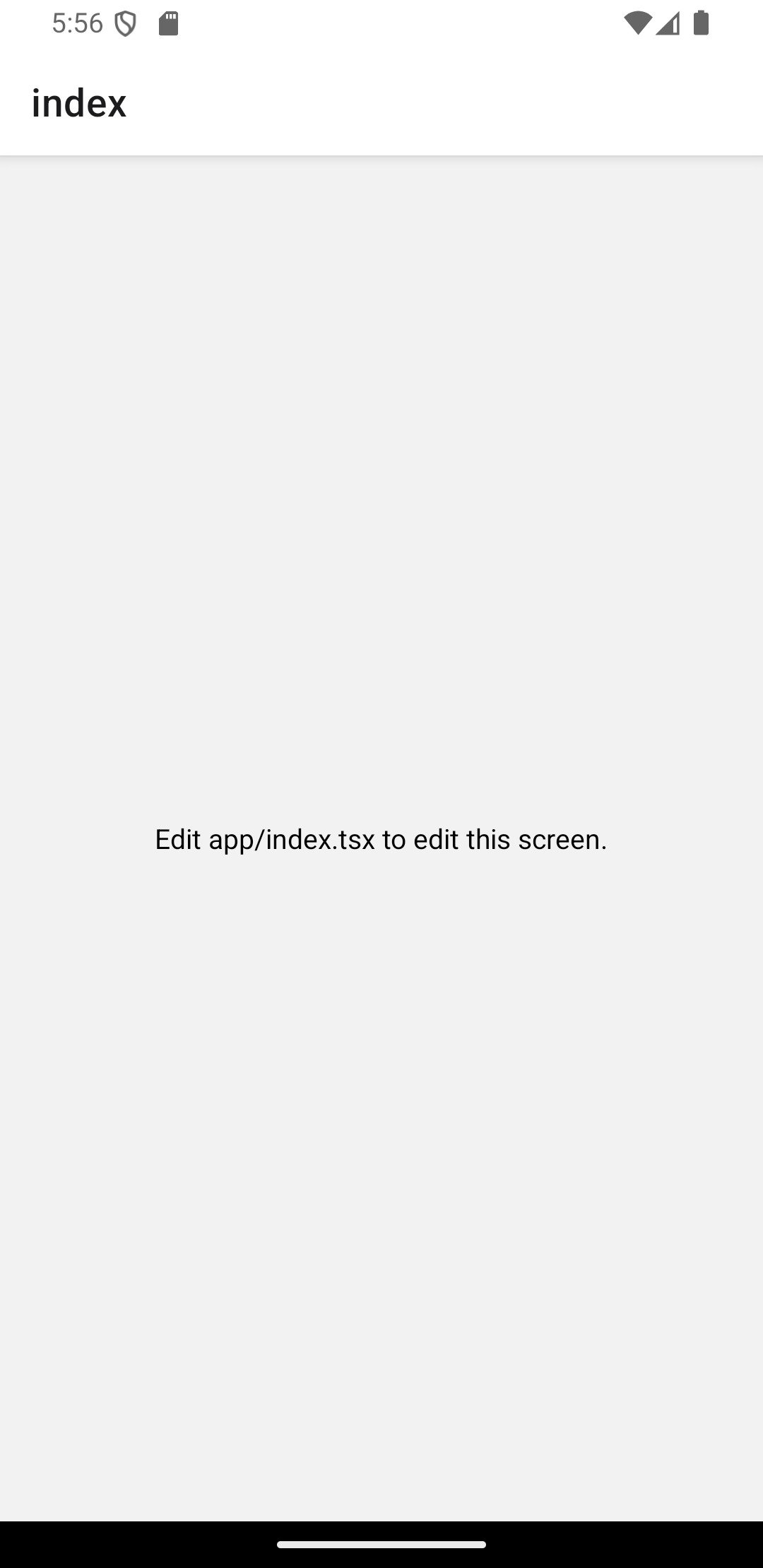 Tela inicial do aplicativo Expo exibida em um emulador Android, com a mensagem 