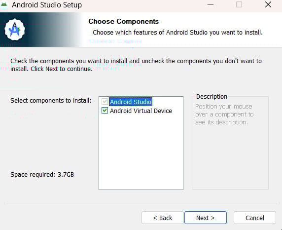 Tela de configuração da instalação do Android Studio, onde a pessoa usuária pode escolher quais componentes deseja instalar. As opções selecionadas incluem 