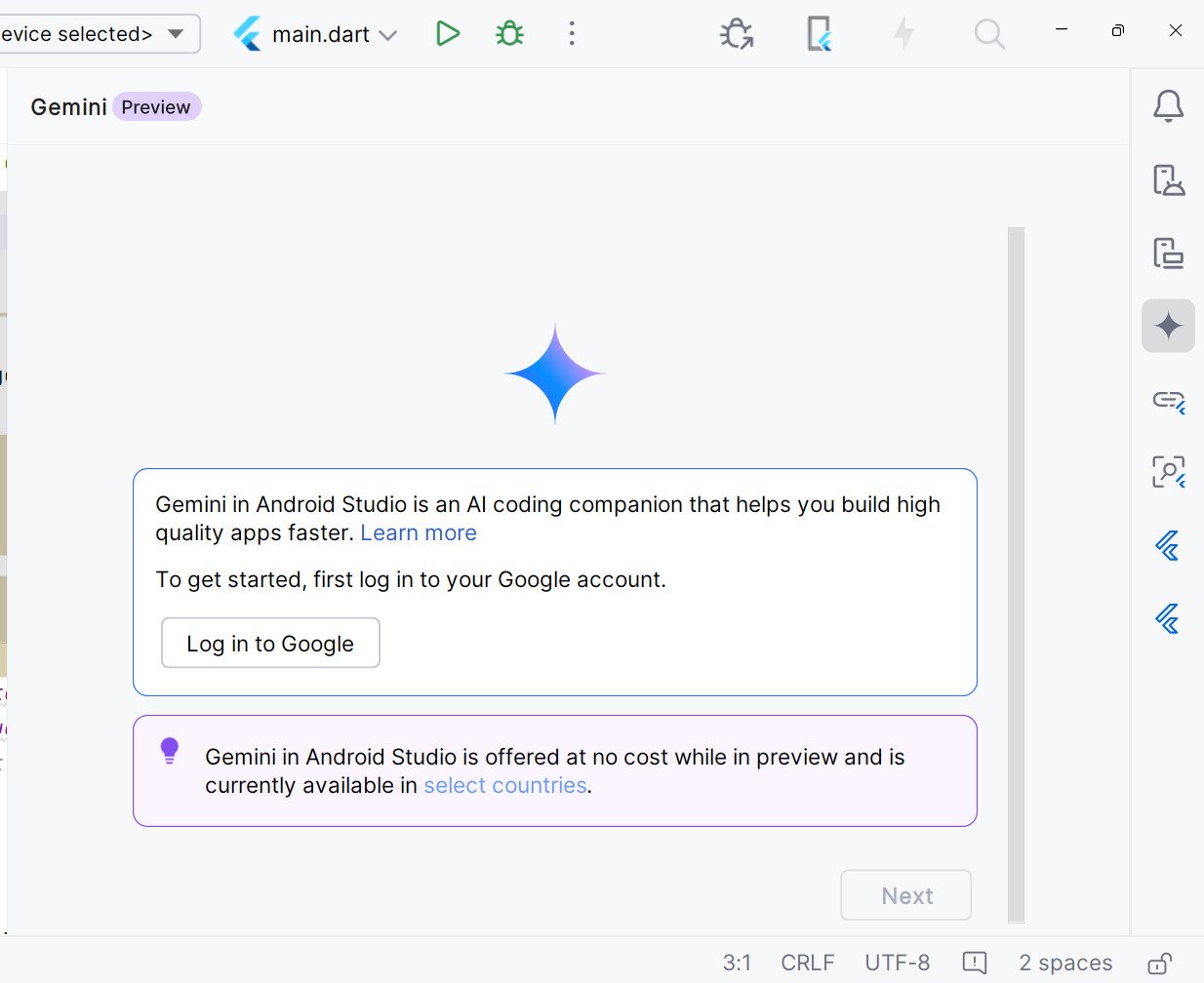 Imagem da interface do Gemini no Android Studio solicitando o login em uma conta Google para começar a usar o assistente de codificação baseado em IA. Há um botão para 