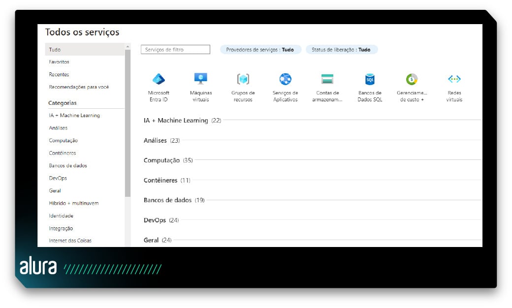 Interface do portal do Microsoft Azure na seção 