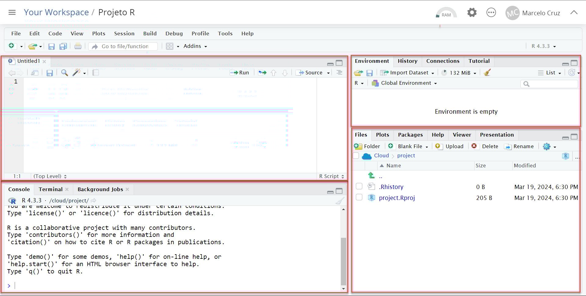 Captura de tela do editor Posit Cloud, contendo as telas de editor de texto, console, ambiente e arquivos.