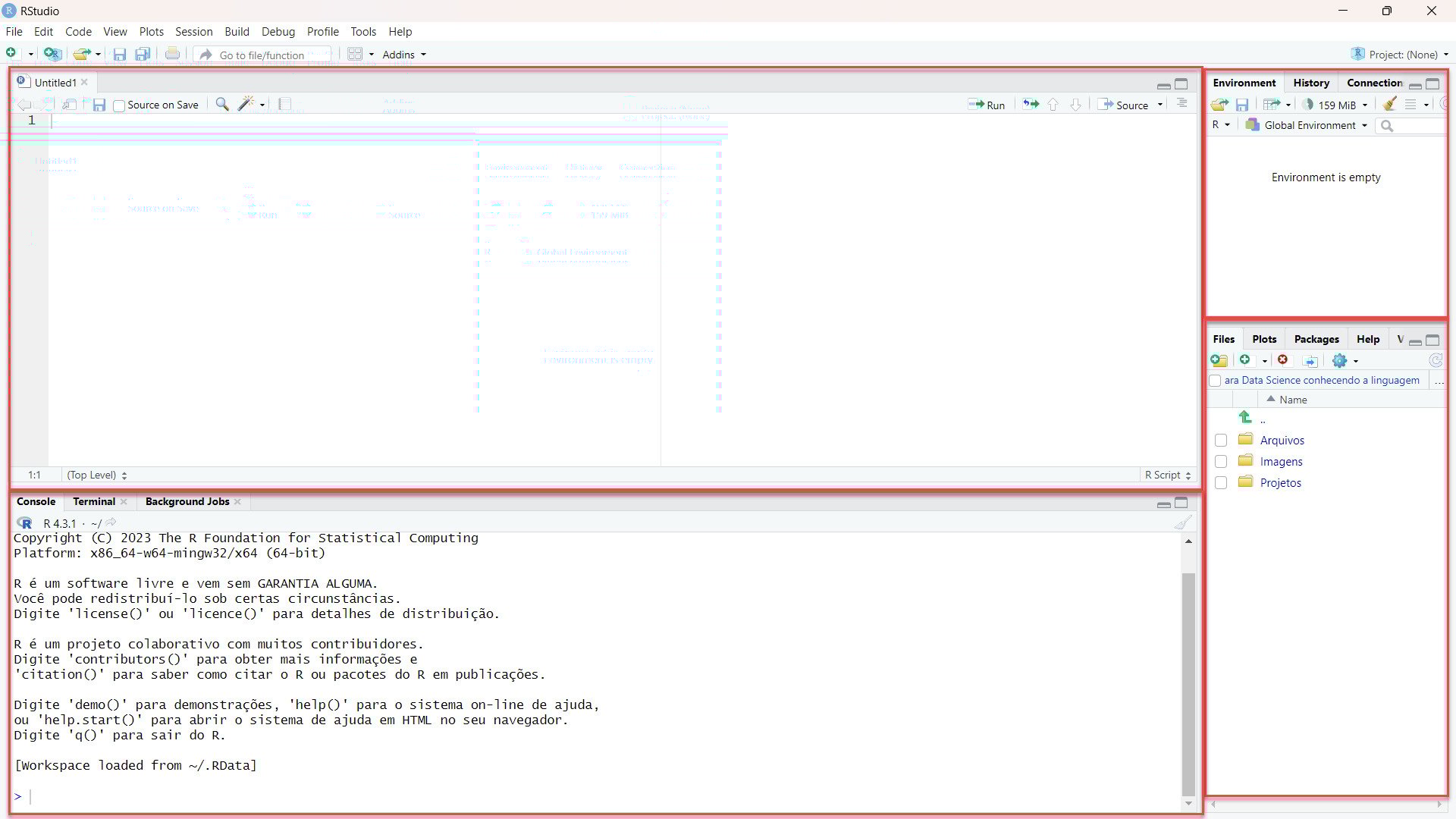 Captura de tela do editor RStudio, contendo as telas de editor de texto, console, ambiente e arquivos.