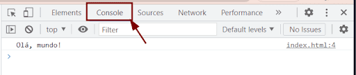 Imagem colorida. Captura de tela de uma parte do navegador Chrome. Na parte superior, com fundo cinza, temos um dois símbolos lado a lado que são botões, um é para inspecionar a página e outro para alternar o dispositivo utilizado na visualização da tela. Ao lado temos também mais quatro opções escritas: “Elements”, “Sources”, “Network” e “Performance”. Mais ao lado existe ainda um símbolo que representa que ainda existem mais opções além destas, um símbolo de ferramenta (configurações) e outro que é um “x”, para fechar a aba. Em destaque temos a opção de “console”, que tem um quadrado vermelho ao seu redor e uma seta da mesma cor apontando para ela. Abaixo desses comandos existe ainda uma parte com fundo branco e o resultado do console, está escrito “Olá, mundo!” e ao lado, mas no extremo direito, está escrito 