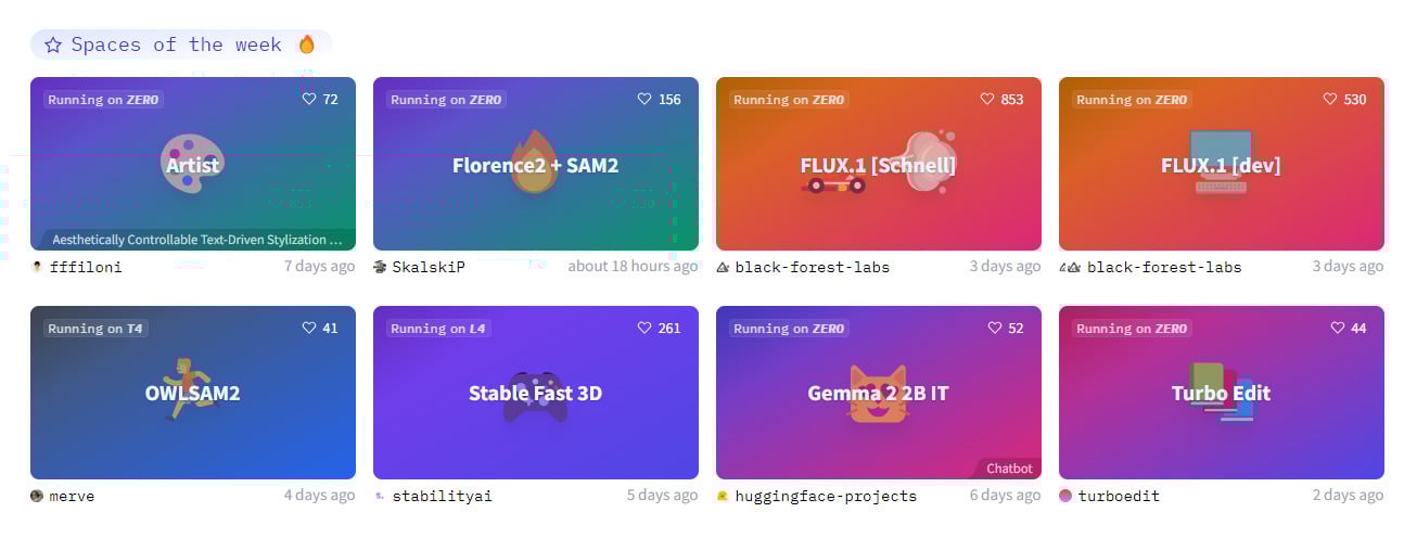 A imagem mostra uma lista de apps de IA. Cada app é apresentado em um card com o nome, descrição, número de curtidas e tempo de atualização.
