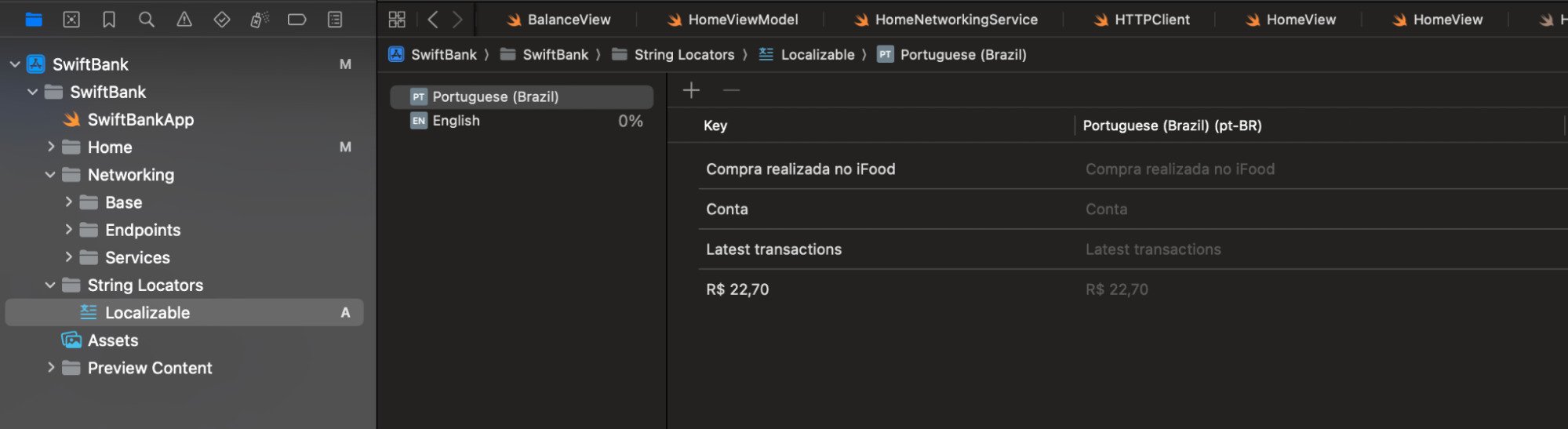 A imagem mostra a tela do Xcode, onde o desenvolvedor está trabalhando na localização de strings para o projeto 