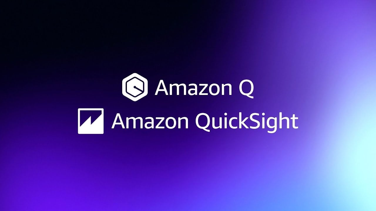 Imagem azulada com os logotipos do Amazon Q e do Amazon QuickSight.