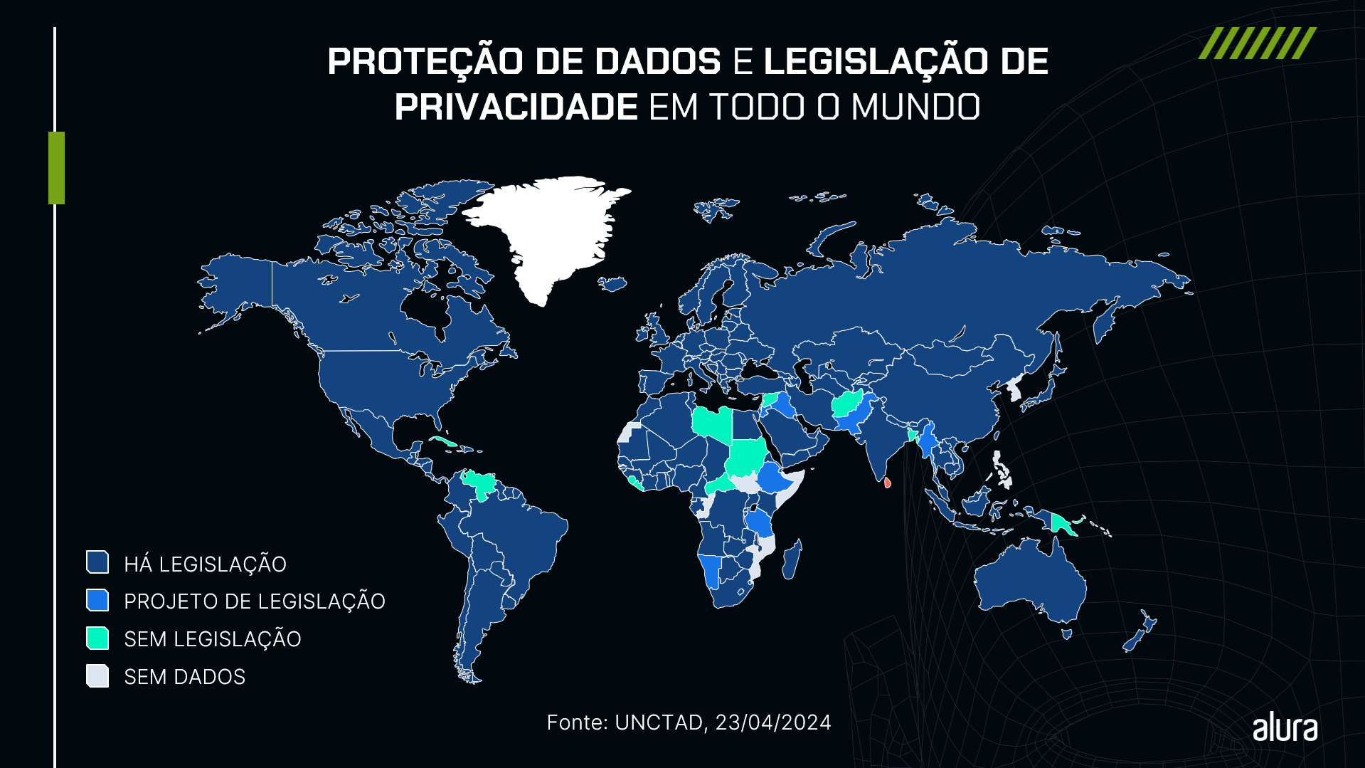 A imagem é um mapa mundial que ilustra o estado das legislações de proteção de dados e privacidade em diferentes países. O mapa é intitulado 