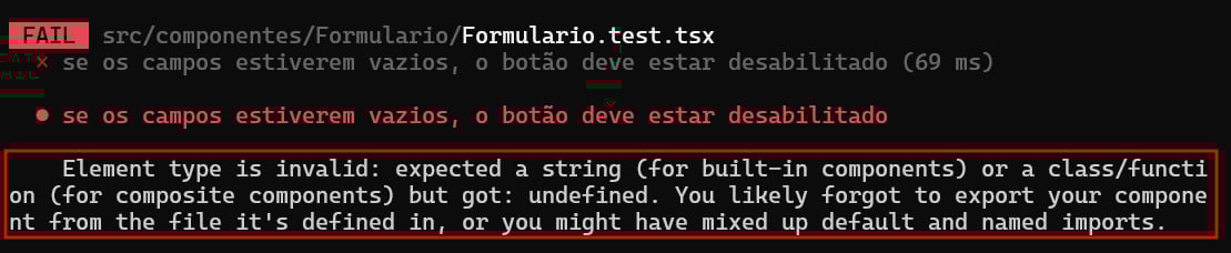 Linha de comando com uma mensagem de erro indicando o motivo pelo fracasso de um teste.