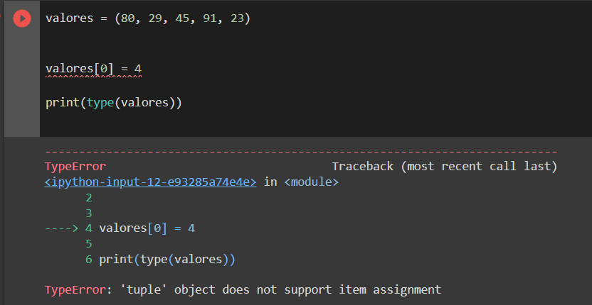IDE Jupyter Notebook exibindo o retorno”TypeError: ‘tuple’ object does not support item assignment