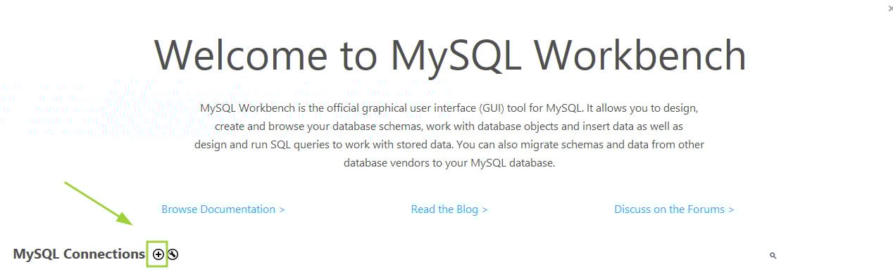 Tela inicial do MySQL Workbench. Uma seta aponta para o sinal de “mais”, que adiciona uma nova conexão.