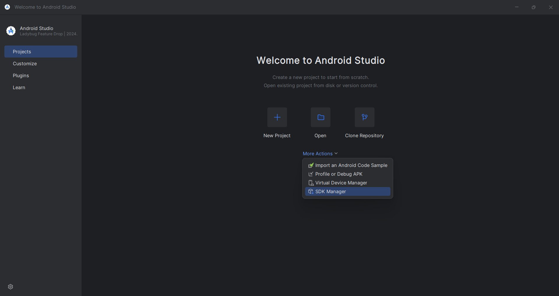 Tela inicial do Android Studio com o menu 
