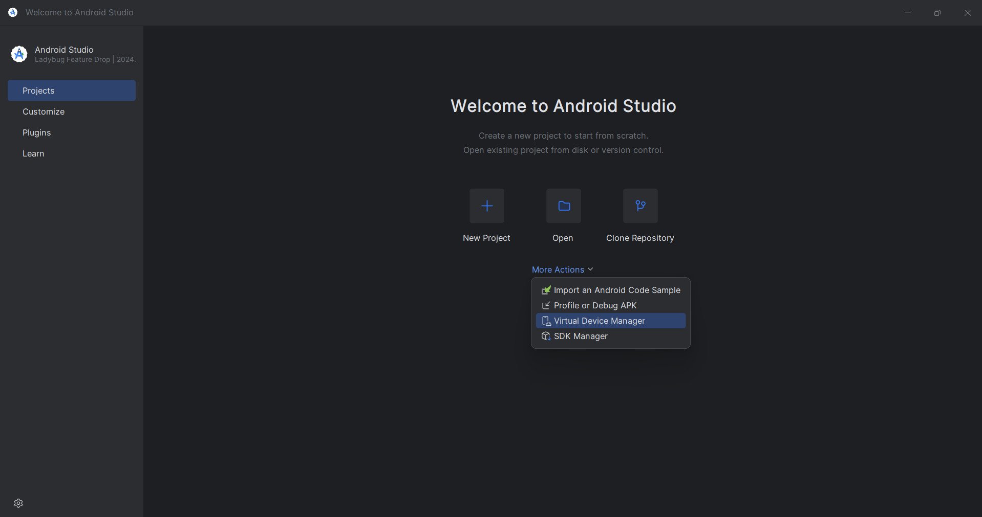 Tela inicial do Android Studio com o menu 
