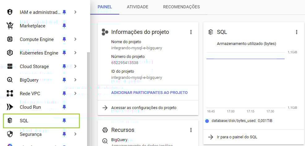 Página principal do cloud. Ao lado esquerdo o menu está aberto e há um retângulo na opção “SQL”.