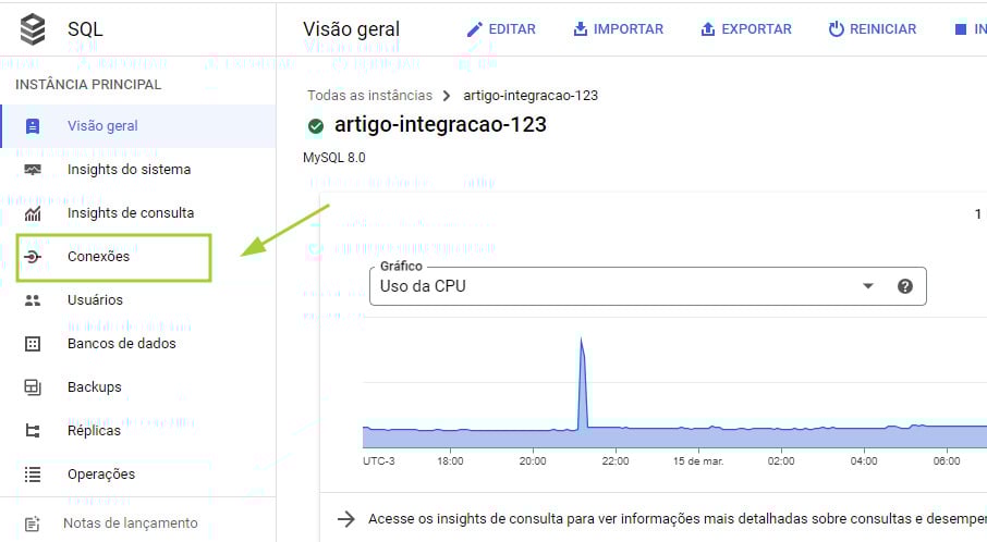 Captura de tela da página visão geral da instância artigo-integração. Ao lado esquerdo está o menu, e ao lado direito um gráfico de uso de CPU. Uma seta aponta para a opção “Conexões”, no menu.