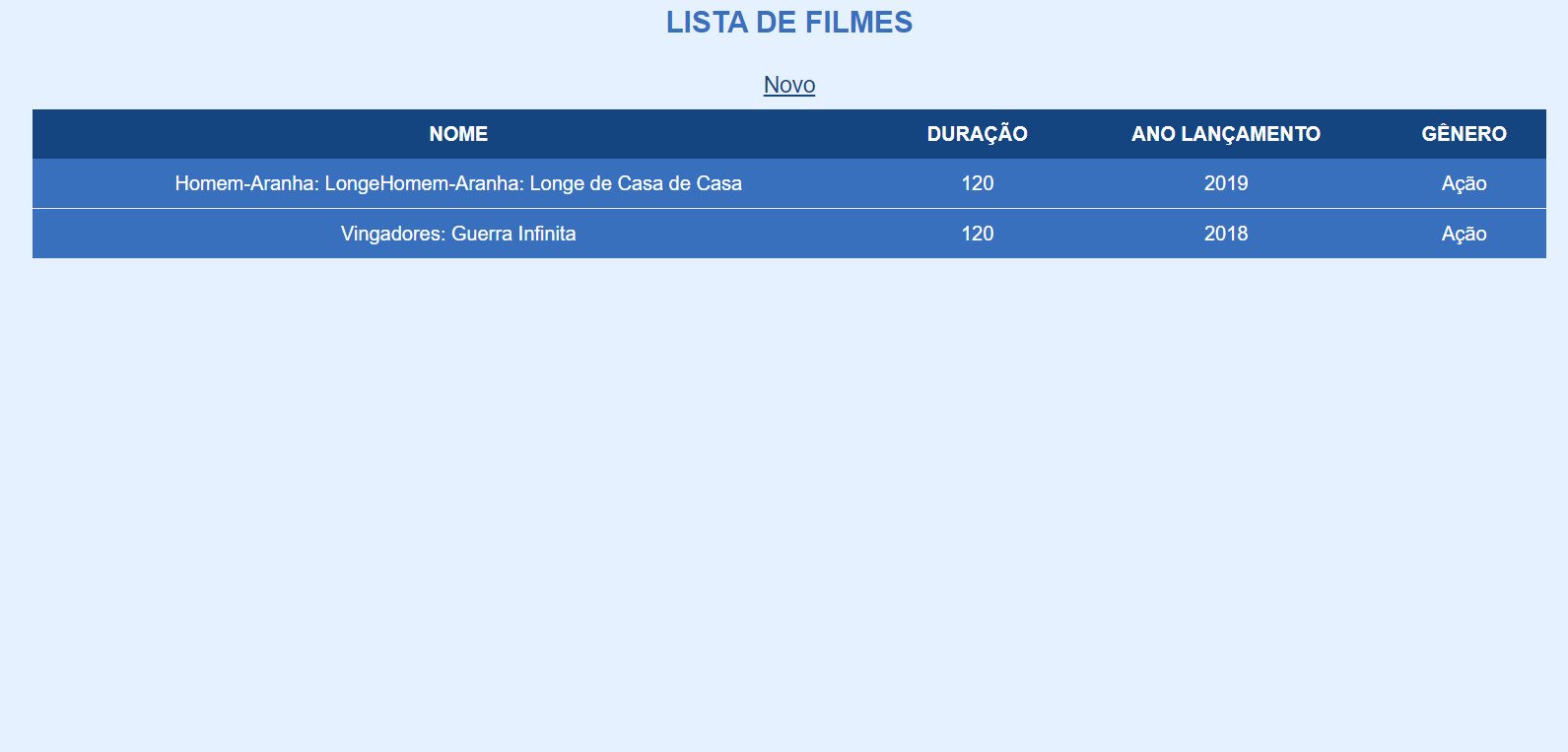 Imagem de uma planilha com fundo azul e o título “Lista de filmes”. Abaixo do título, ao centro, há um botão 