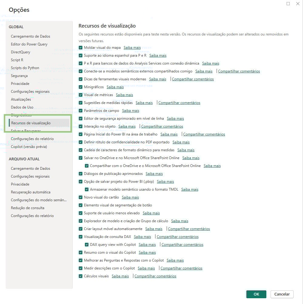 Print da tela “Opções” do Power BI Desktop com todas as opções de Recursos de visualização marcadas.
