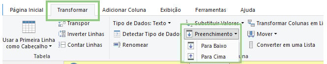 Print do power query na aba transformar com a opção preenchimento expandida e demarcada.