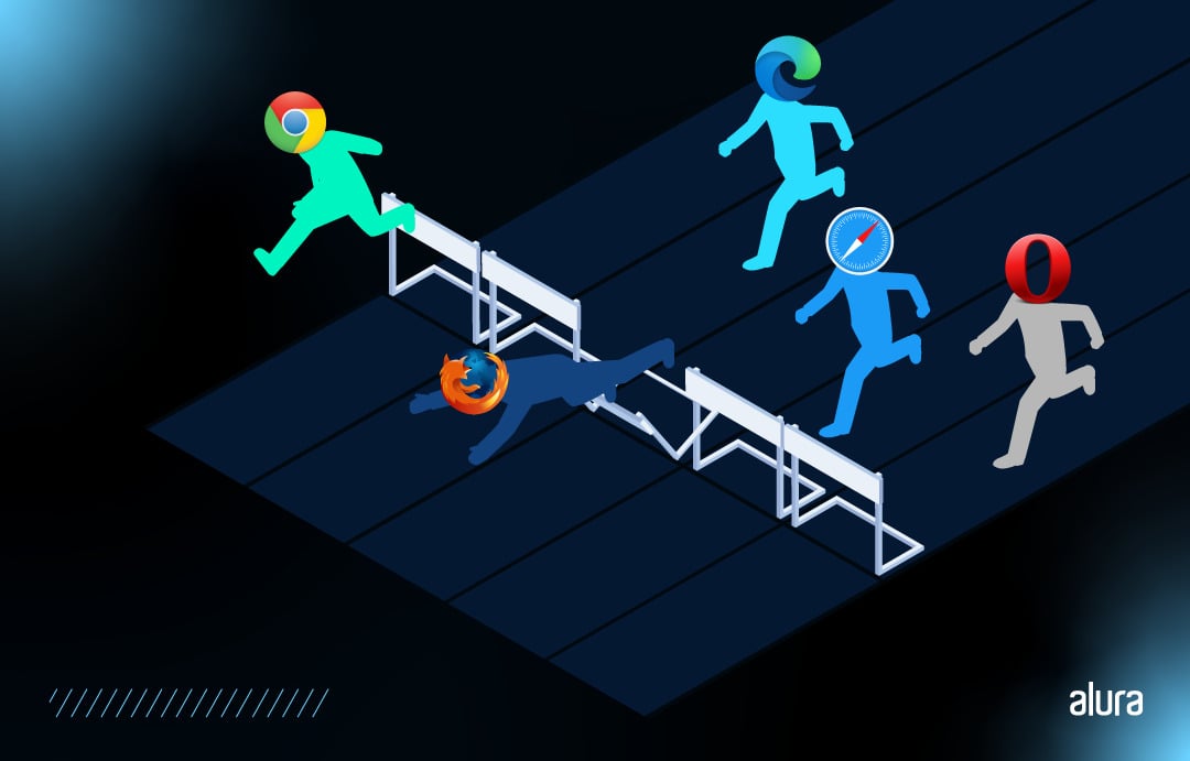 Uma imagem que ilustra uma corrida de obstáculos entre os principais navegadores de internet: Chrome, Edge, Safari, Opera, e Firefox. Cada navegador é representado por um personagem estilizado superando (ou tropeçando em) obstáculos em uma pista de corrida, simbolizando a competição entre eles.