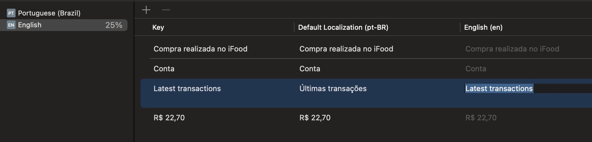 Tela de gerenciamento de traduções, mostrando o progresso da tradução de textos do Português (Brasil) para o Inglês, com termos como 