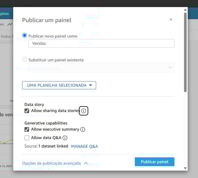 Janela de publicação de painel no Amazon QuickSight com a opção selecionada “Publicar novo painel como Vendas”, e configurações adicionais ativadas como “Allow sharing data stories” e “Allow executive summary”; botão “Publicar painel” visível no canto inferior direito.