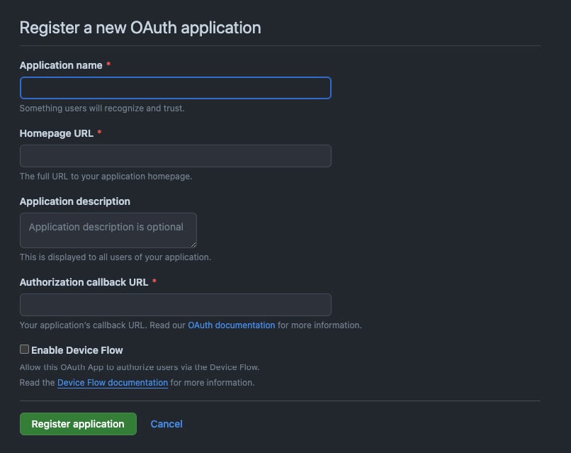Imagem da captura de tela do registro do OAuth do GitHub.