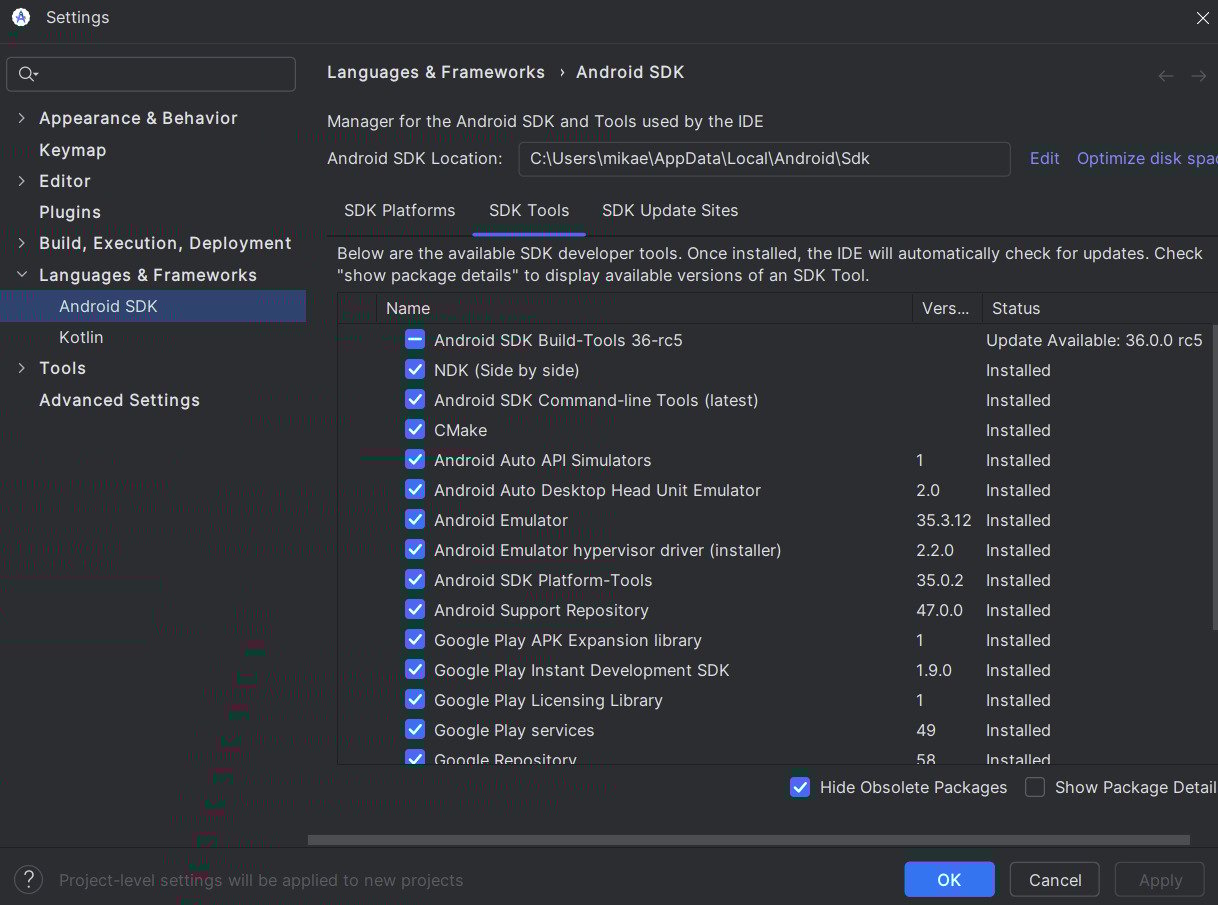 Tela de configurações do Android Studio exibindo a aba 