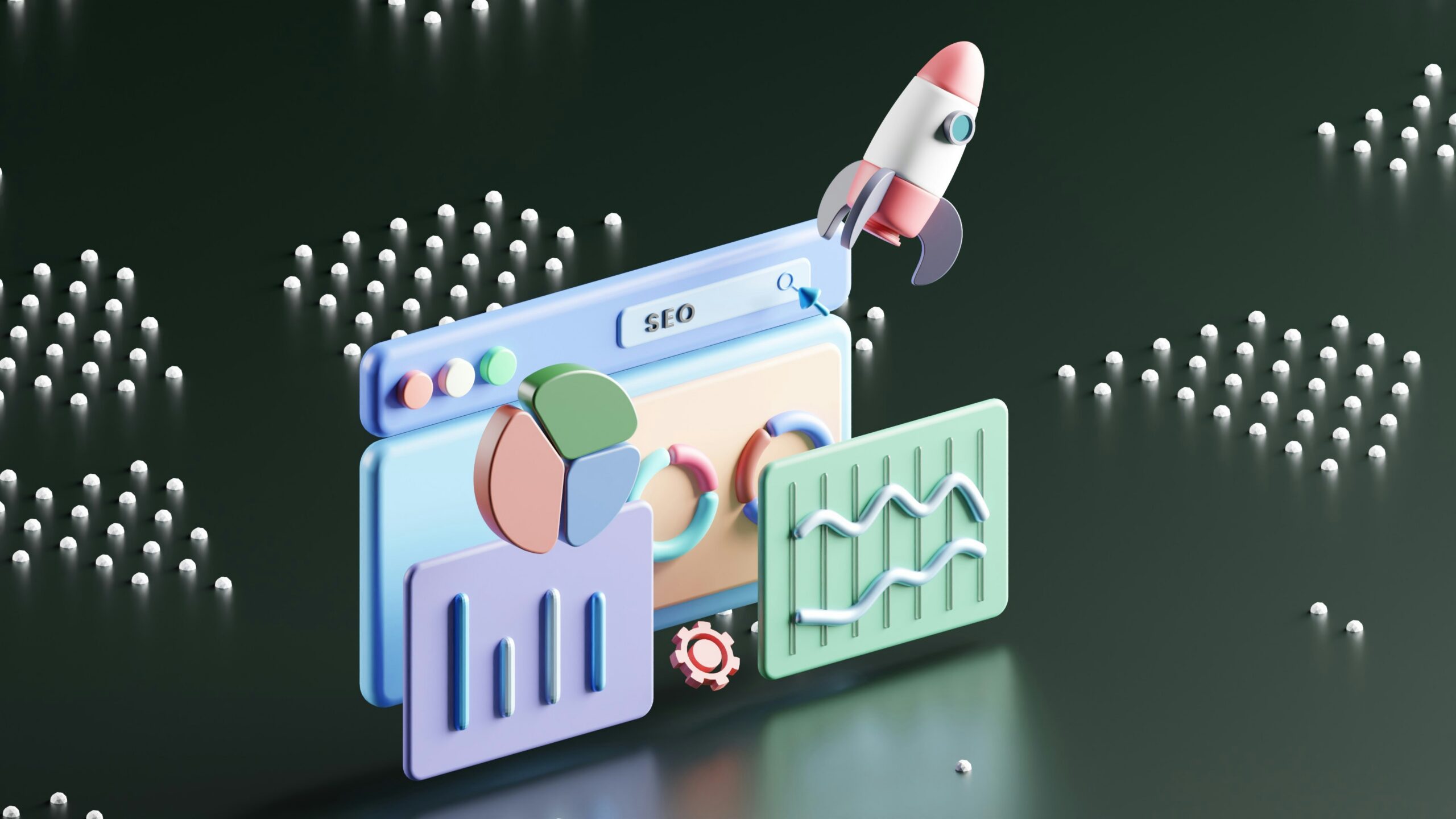 Representação visual em 3D de um foguete espacial decolando de uma janela de navegador com a palavra 
